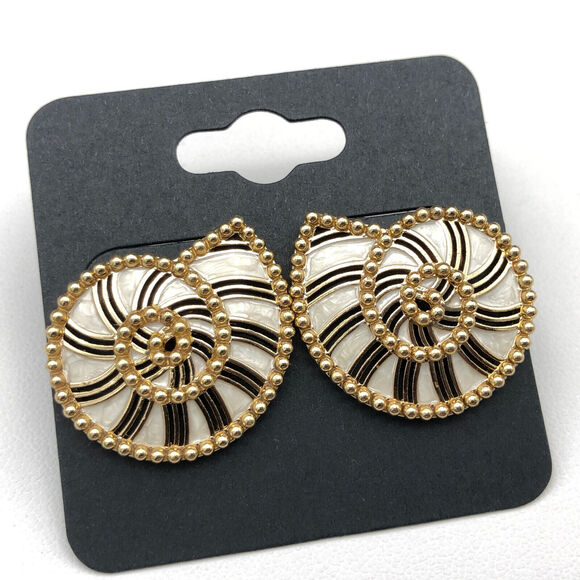 BaubleBar Earrings Nautilus Shell Shape Ivory Black Enamel Inlay Gold Tone Studs - Picture 2 of 5
